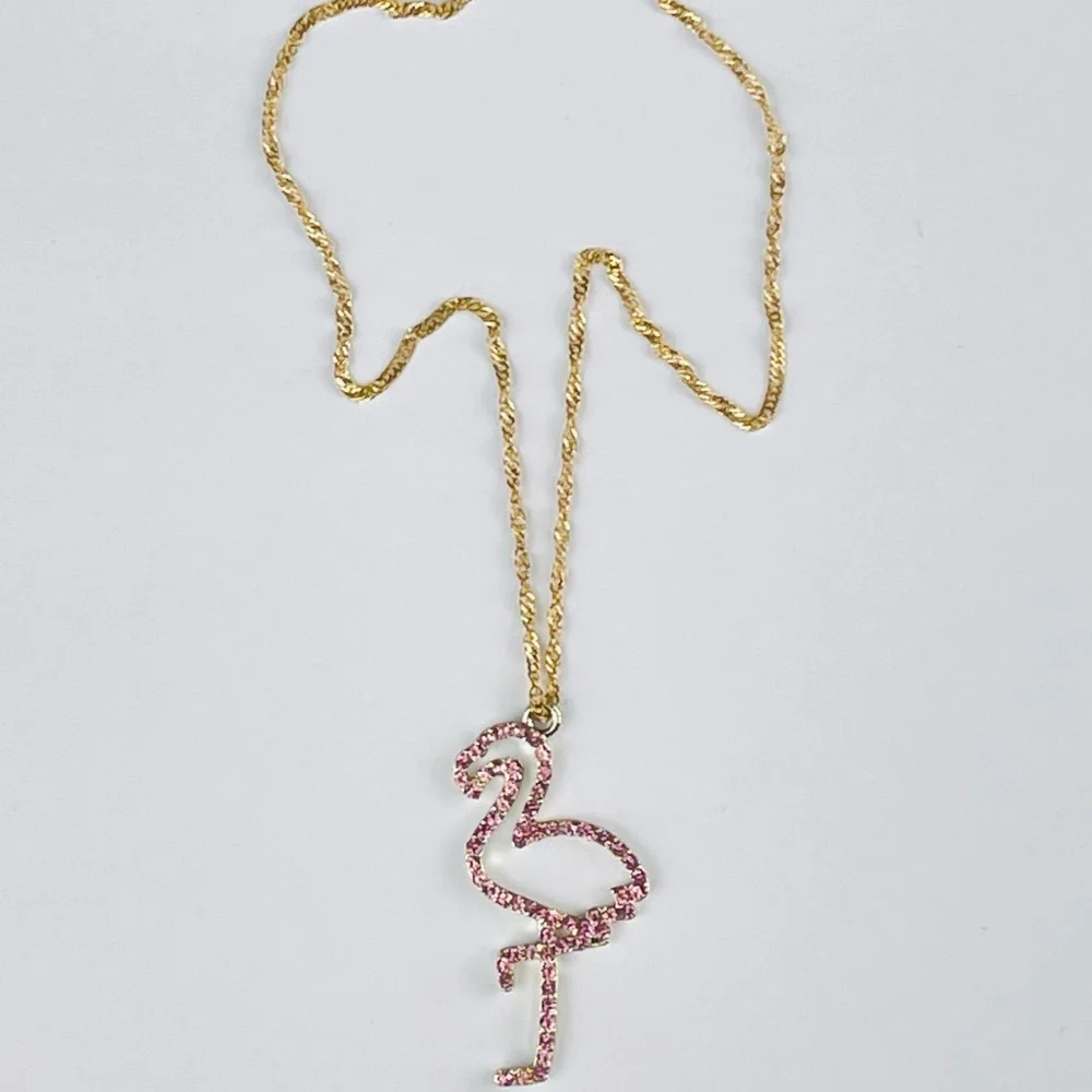 🔴🔴 NEW Pink Flamingo Rhinestone Necklace Chain Necklace Pink - Picture 12 of 13